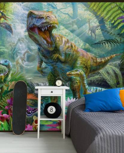 t-rex y otros animales en papel tapiz de bosque exótico