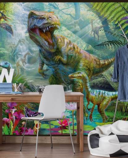 papier peint t-rex et autres animaux dans la forêt exotique