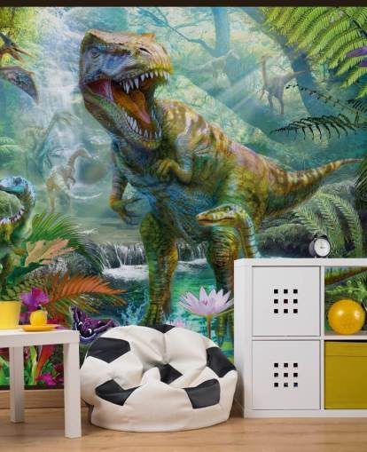 t-rex e outros animais em papel de parede de floresta exótica