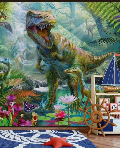 t-rex och andra djur i exotiska skogen tapeter
