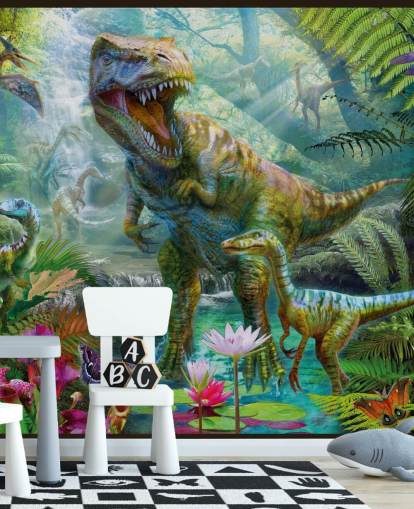 T-Rex und andere Tiere in exotischer Wald-Tapete
