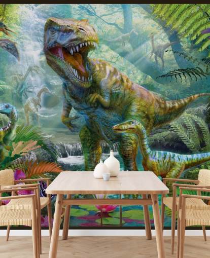 t-rex and other animals in exotic forest wallpaper t-rex and other animals in exotic forest wallpaper