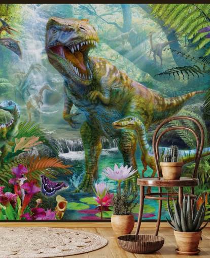 t-rex y otros animales en papel tapiz de bosque exótico t-rex y otros animales en papel tapiz de bosque exótico
