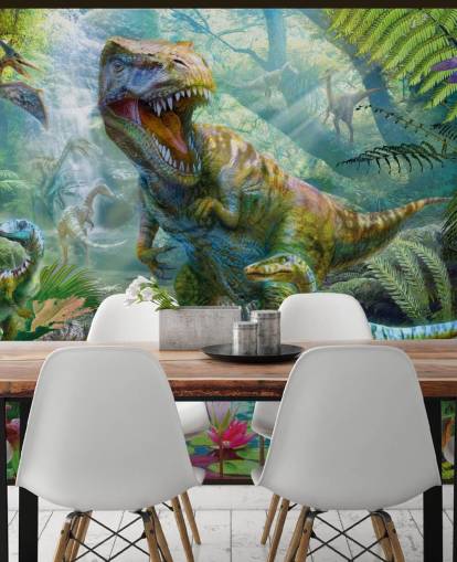 t-rex and other animals in exotic forest wallpaper