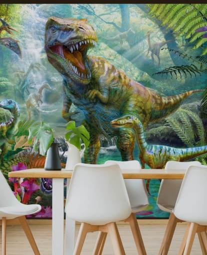 t-rex y otros animales en papel tapiz de bosque exótico