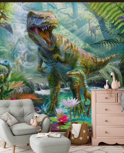 t-rex y otros animales en papel tapiz de bosque exótico