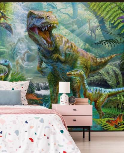 T-Rex und andere Tiere in exotischer Wald-Tapete T-Rex und andere Tiere in exotischer Wald-Tapete