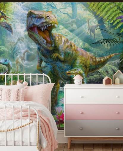 t-rex y otros animales en papel tapiz de bosque exótico