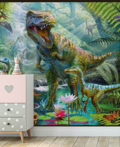 t-rex and other animals in exotic forest wallpaper