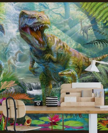 t-rex and other animals in exotic forest wallpaper