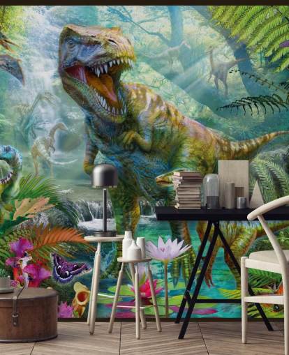 t-rex and other animals in exotic forest wallpaper t-rex and other animals in exotic forest wallpaper