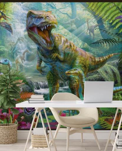 t-rex and other animals in exotic forest wallpaper