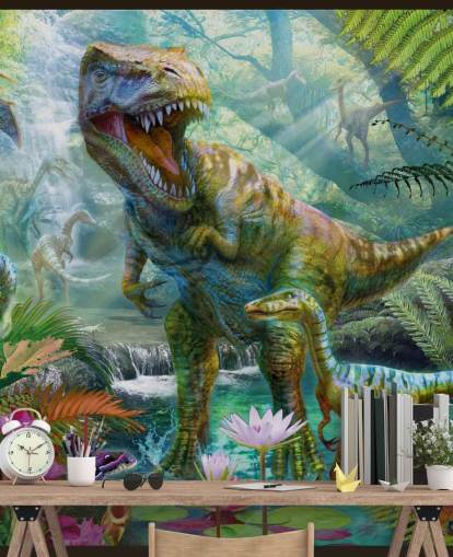 t-rex and other animals in exotic forest wallpaper t-rex and other animals in exotic forest wallpaper