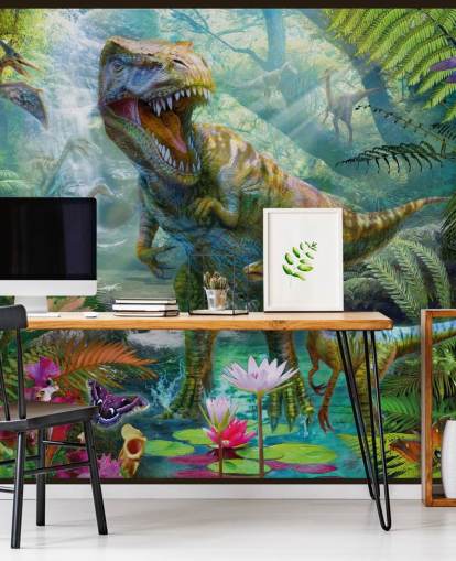 t-rex e outros animais em papel de parede de floresta exótica