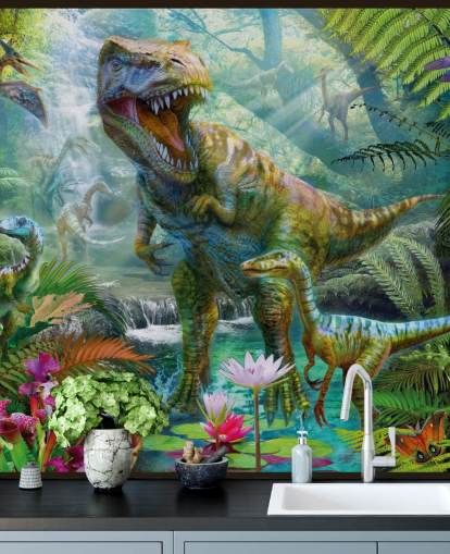 t-rex and other animals in exotic forest wallpaper