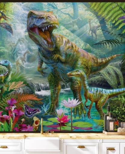 t-rex and other animals in exotic forest wallpaper