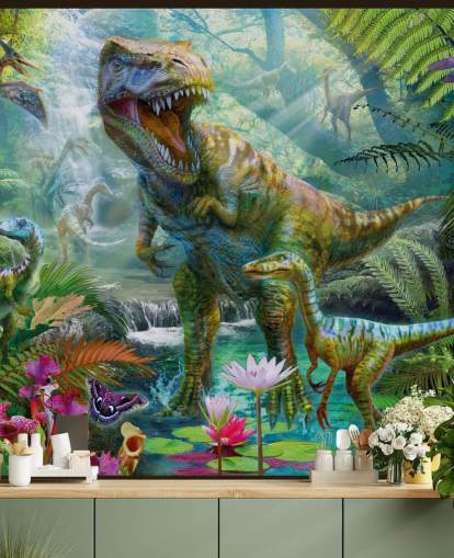 T-Rex und andere Tiere in exotischer Wald-Tapete T-Rex und andere Tiere in exotischer Wald-Tapete