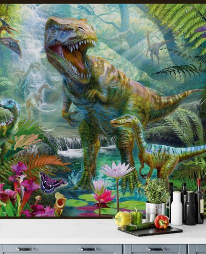 T-Rex und andere Tiere in exotischer Wald-Tapete