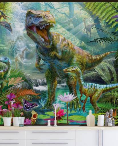 t-rex y otros animales en papel tapiz de bosque exótico