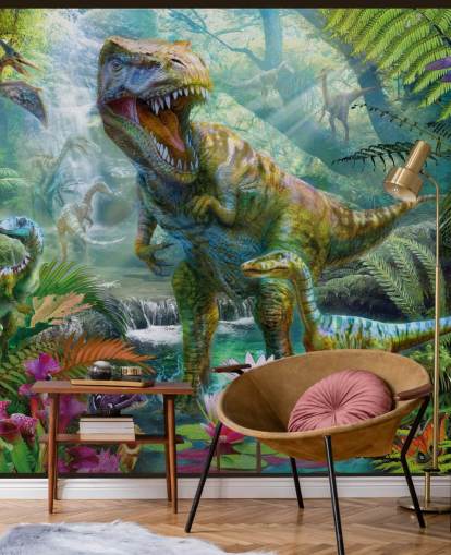 t-rex and other animals in exotic forest wallpaper