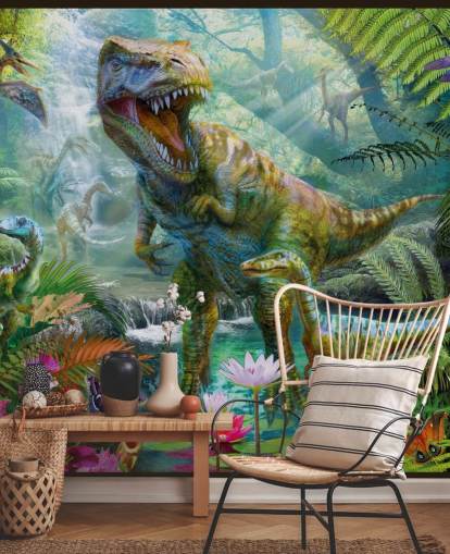 t-rex ja muut eläimet eksoottisessa metsässä tapetti