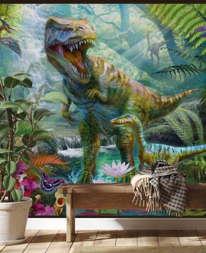 t-rex and other animals in exotic forest wallpaper