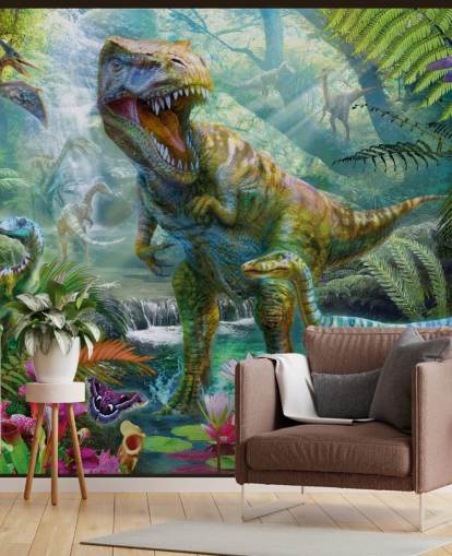 t-rex y otros animales en papel tapiz de bosque exótico t-rex y otros animales en papel tapiz de bosque exótico