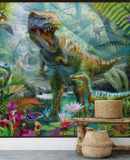 t-rex ja muut eläimet eksoottisessa metsässä tapetti