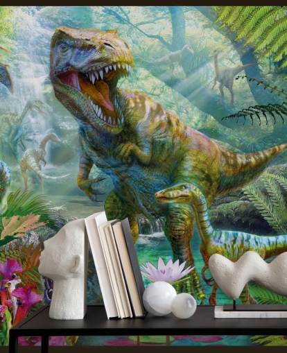 t-rex and other animals in exotic forest wallpaper