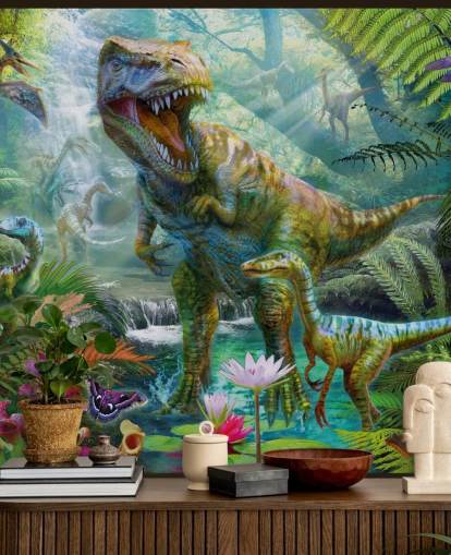 t-rex and other animals in exotic forest wallpaper