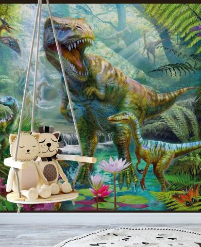 t-rex y otros animales en papel tapiz de bosque exótico
