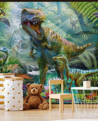 t-rex en andere dieren in exotisch bosbehang