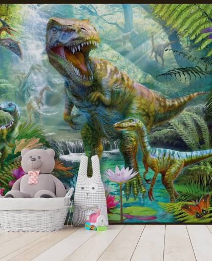 t-rex y otros animales en papel tapiz de bosque exótico t-rex y otros animales en papel tapiz de bosque exótico