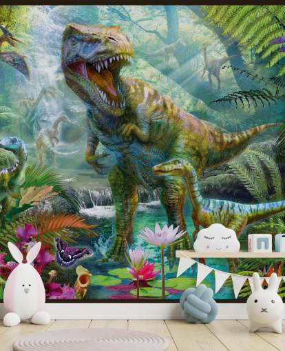 t-rex ja muut eläimet eksoottisessa metsässä tapetti