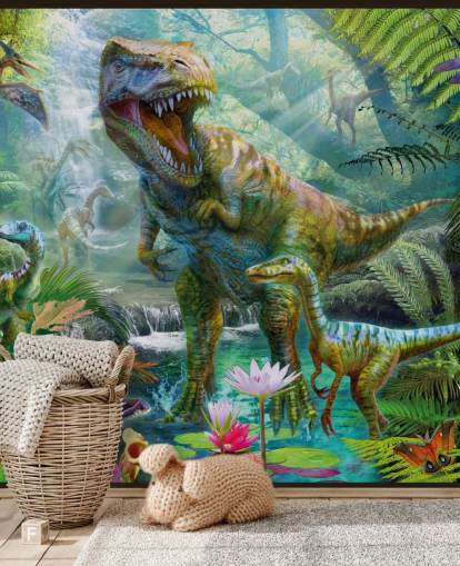 t-rex ja muut eläimet eksoottisessa metsässä tapetti