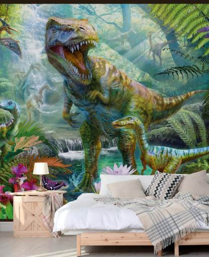 t-rex and other animals in exotic forest wallpaper