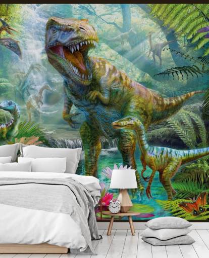 t-rex and other animals in exotic forest wallpaper