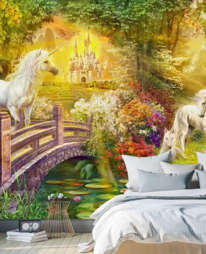 illustrated unicorns by a bridge in a magical forest wallpaper