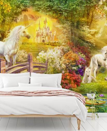unicornios ilustrados junto a un puente en un bosque mágico papel pintado