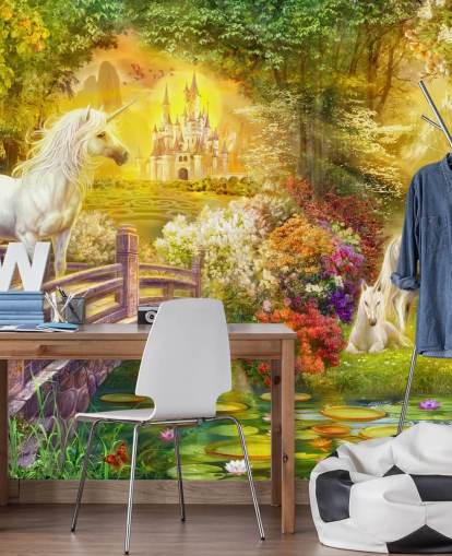 illustrated unicorns by a bridge in a magical forest wallpaper