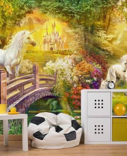 illustrated unicorns by a bridge in a magical forest wallpaper