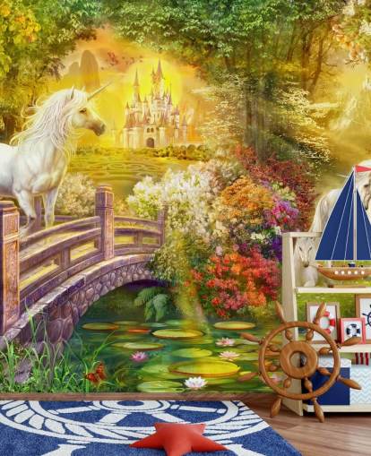 illustrated unicorns by a bridge in a magical forest wallpaper
