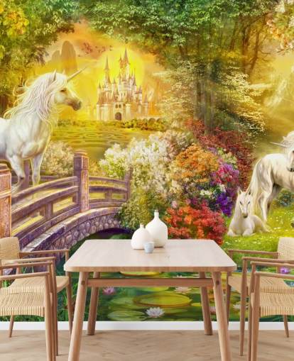 illustrated unicorns by a bridge in a magical forest wallpaper