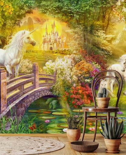 unicornios ilustrados junto a un puente en un bosque mágico papel pintado