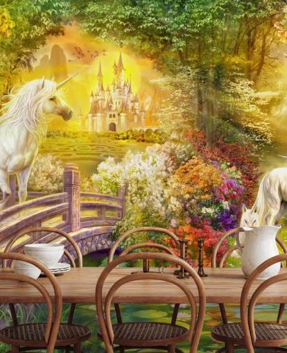illustrated unicorns by a bridge in a magical forest wallpaper illustrated unicorns by a bridge in a magical forest wallpaper