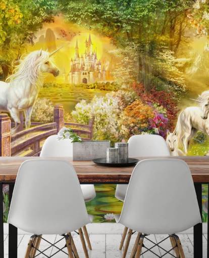 unicornios ilustrados junto a un puente en un bosque mágico papel pintado unicornios ilustrados junto a un puente en un bosque mágico papel pintado