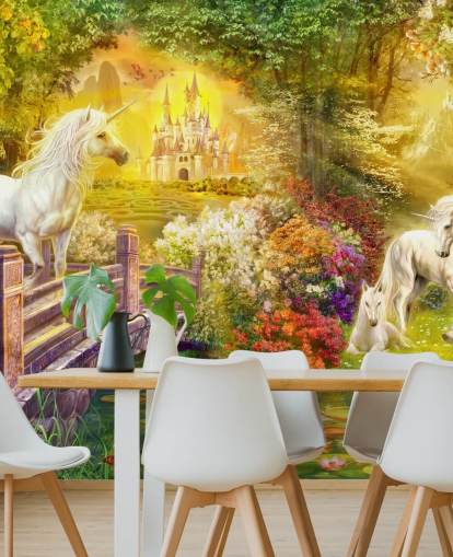 illustrated unicorns by a bridge in a magical forest wallpaper