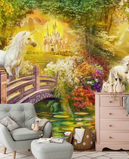 unicórnios ilustrados por uma ponte em um papel de parede mágico da floresta