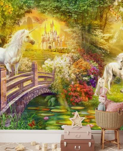 illustrated unicorns by a bridge in a magical forest wallpaper