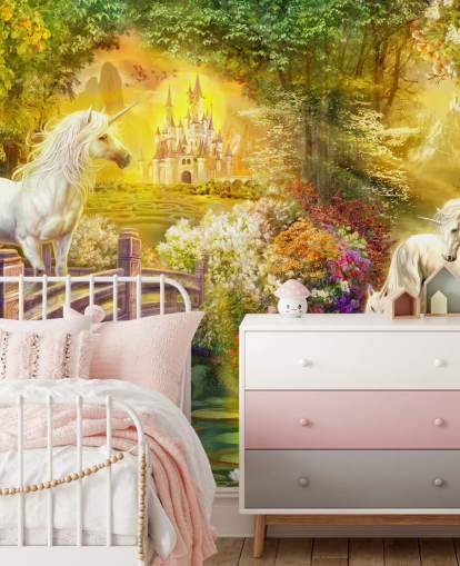 illustrated unicorns by a bridge in a magical forest wallpaper